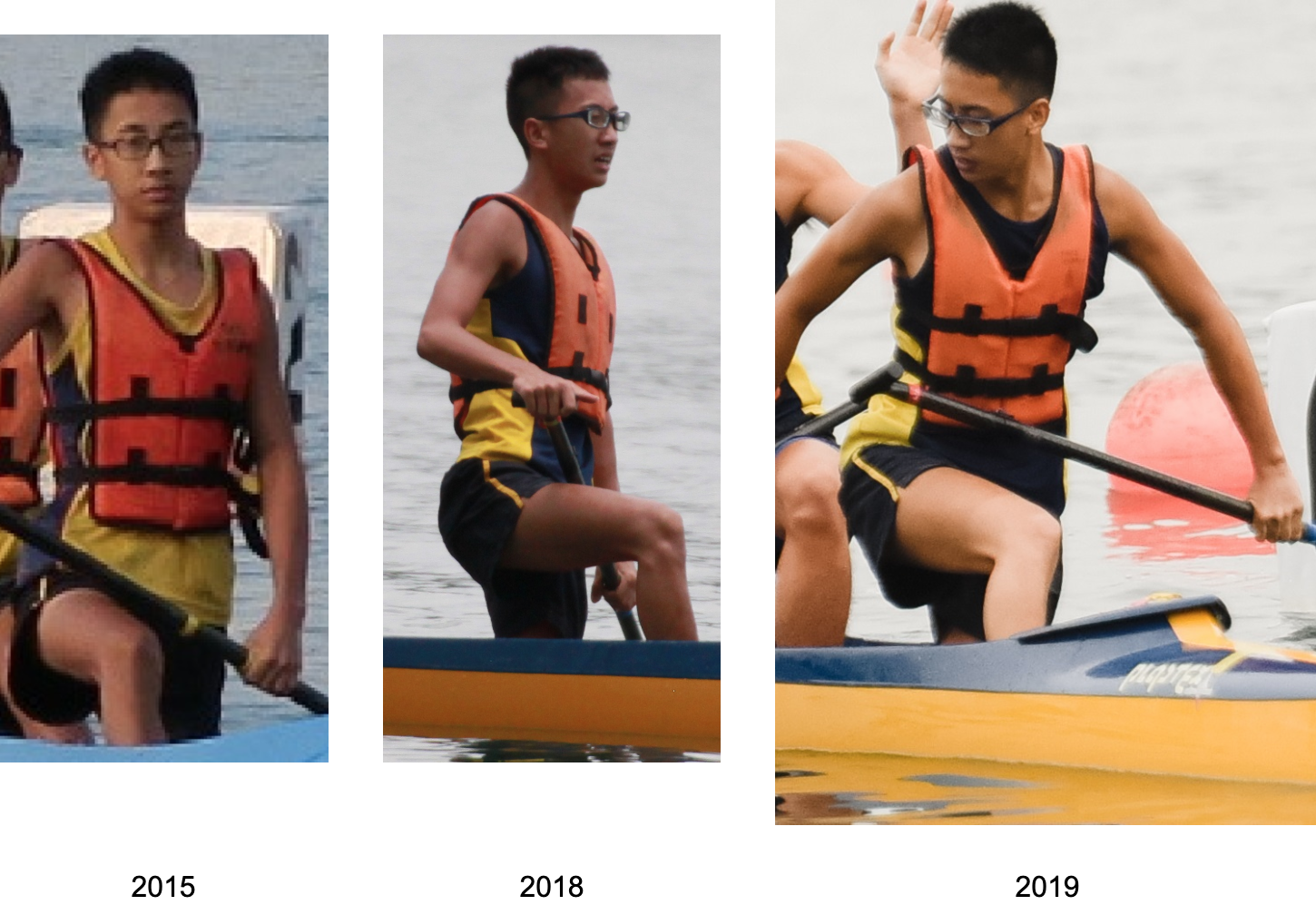 A young man wearing glasses and an orange life vest paddling on water, shown in three photos from 2015, 2018, and 2019.